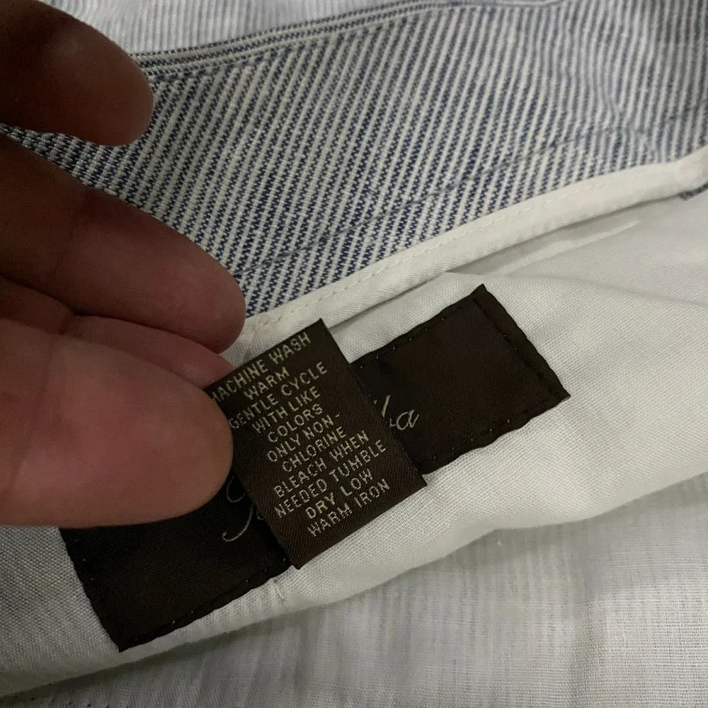 Tasso Elba Linen Dress Pants Mens 38x32 Chambray Stripe Blue White Event Casual
